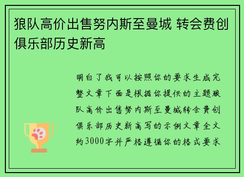 狼队高价出售努内斯至曼城 转会费创俱乐部历史新高